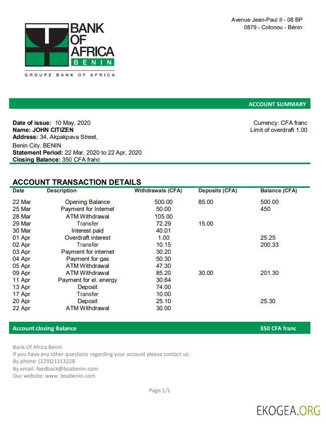 Relevé bancaire de la Bank of Africa du Bénin